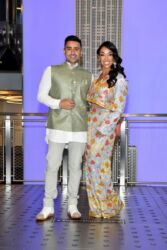 NEW YORK, NEW YORK - NOVEMBER 04: Jay Sean and Thara Natalie celebrate Diwali at The Empire State Building on November 04, 2021 in New York City. (Photo by Noam Galai/Getty Images for Empire State Realty Trust)