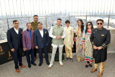 NEW YORK, NEW YORK - NOVEMBER 04: Jay Sean and Thara Natalie celebrate Diwali at The Empire State Building on November 04, 2021 in New York City. (Photo by Noam Galai/Getty Images for Empire State Realty Trust)