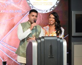 NEW YORK, NEW YORK - NOVEMBER 04: Jay Sean and Thara Natalie celebrate Diwali at The Empire State Building on November 04, 2021 in New York City. (Photo by Noam Galai/Getty Images for Empire State Realty Trust)