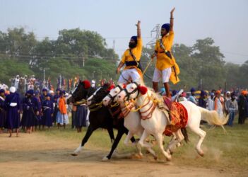Nihang Sikhs show their skills during Fateh Diwas, a religious procession taken out to mark the Bandi Chorh Diwas in Amritsar. (APHIMAGES)