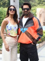 Vaani Kapoor and Ayushmann Khurrana during a promotion of their film "Chandigarh Kare Aashiqui," in New Delhi, Nov. 13, 2021. (APHimages)