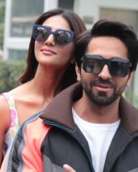 Vaani Kapoor and Ayushmann Khurrana during a promotion of their film "Chandigarh Kare Aashiqui," in New Delhi, Nov. 13, 2021. (APHimages)