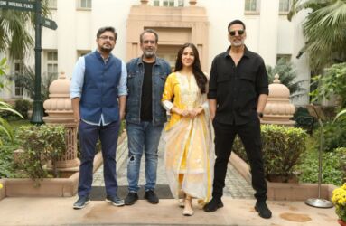 (L-r) Himanshu, Aanand L. Rai, Sara Ali Khan, and Akshay Kumar promote 'Atrangi Re' in New Delhi. (APH Images)
