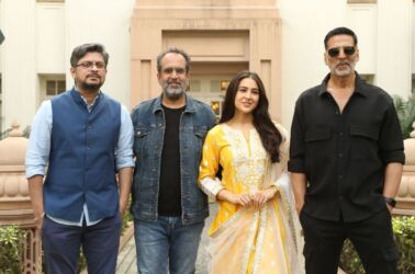 (L-r) Himanshu, Aanand L. Rai, Sara Ali Khan, and Akshay Kumar promote 'Atrangi Re' in New Delhi. (APH Images)