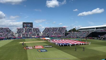 A view of the pitch and field with the USA and India flags being displayed before the match, at the Nassau County Cricket Stadium, New York. (Manit Dassani)