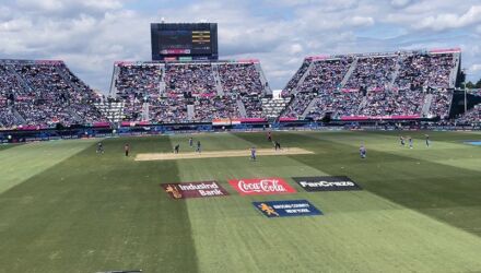 A view of the pitch and field with Team USA batting and Team India fielding at the Nassau County Cricket Stadium, New York. (Manit Dassani)